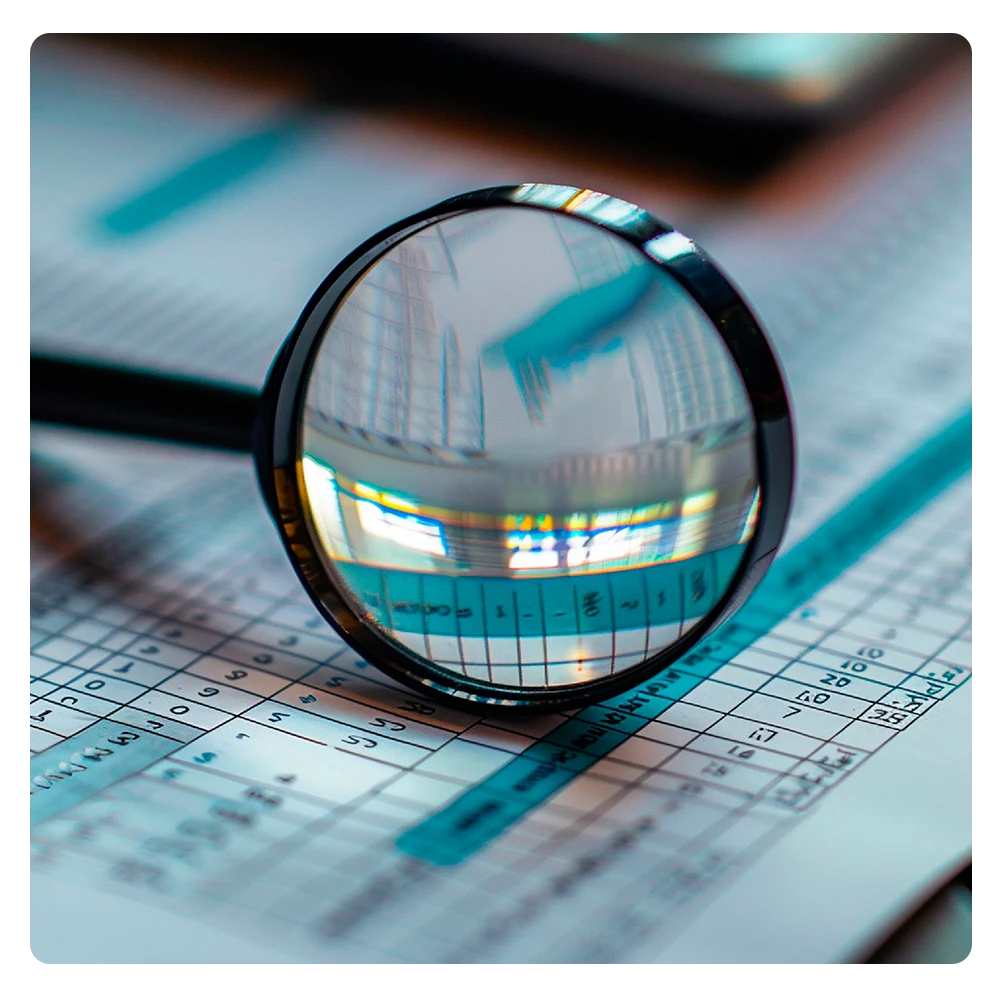 Lupa enfocando una hoja con datos, representando el análisis detallado de cursos y herramientas digitales