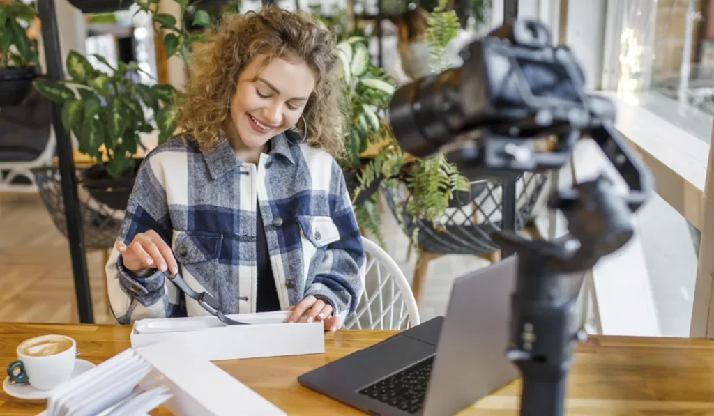 Creadora de contenido grabando un video para su negocio online en 2025