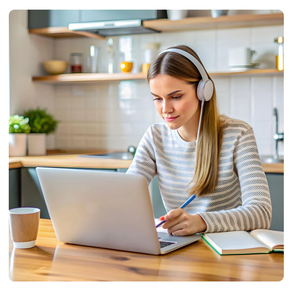 Mujer con auriculares estudiando frente a su portátil, tomando notas durante una formación online práctica